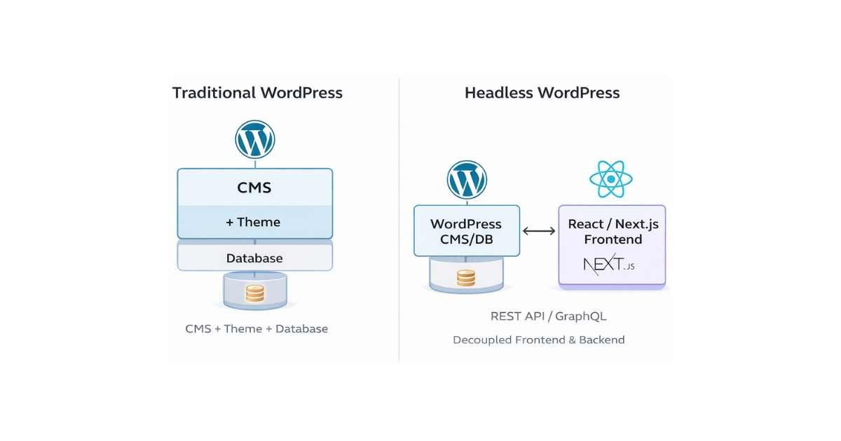 Diagram comparing traditional WordPress monolithic architecture versus headless WordPress with decoupled frontend and backend