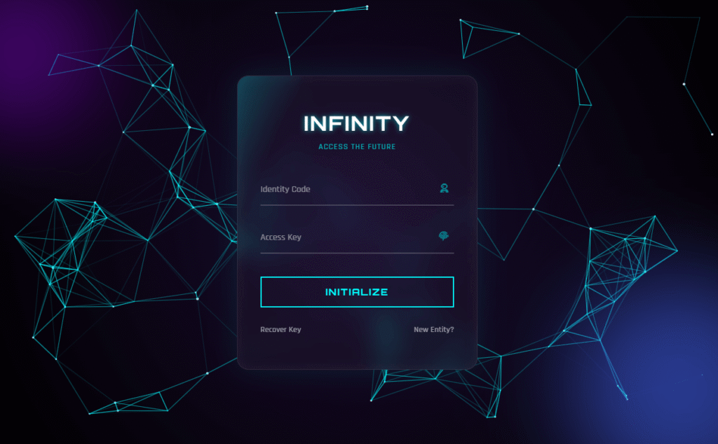A futuristic, sci-fi themed login interface titled 'Infinity Portal'. It is set against a dark background of interactive star particles that connect into constellations. The central login card has a glowing cyan neon border and appears to tilt in 3D space with a glassmorphism effect.