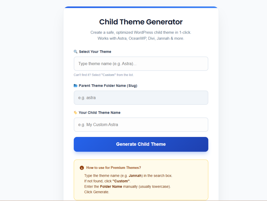 Create child theme without plugin