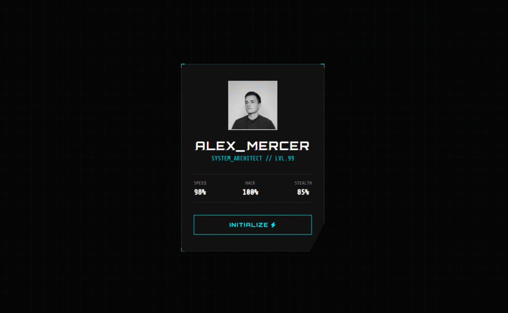 Futuristic Cyberpunk glitch card, profile card with neon blue borders, glitch text effect, and 3D tilt animation using CSS and JavaScript.