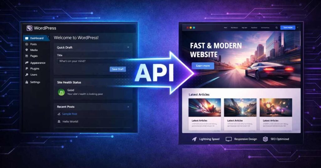 Hybrid headless WordPress architecture diagram showing WordPress backend connected to modern frontend in 2026