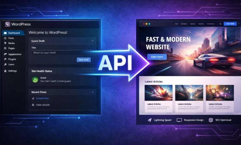 Hybrid headless WordPress architecture diagram showing WordPress backend connected to modern frontend in 2026